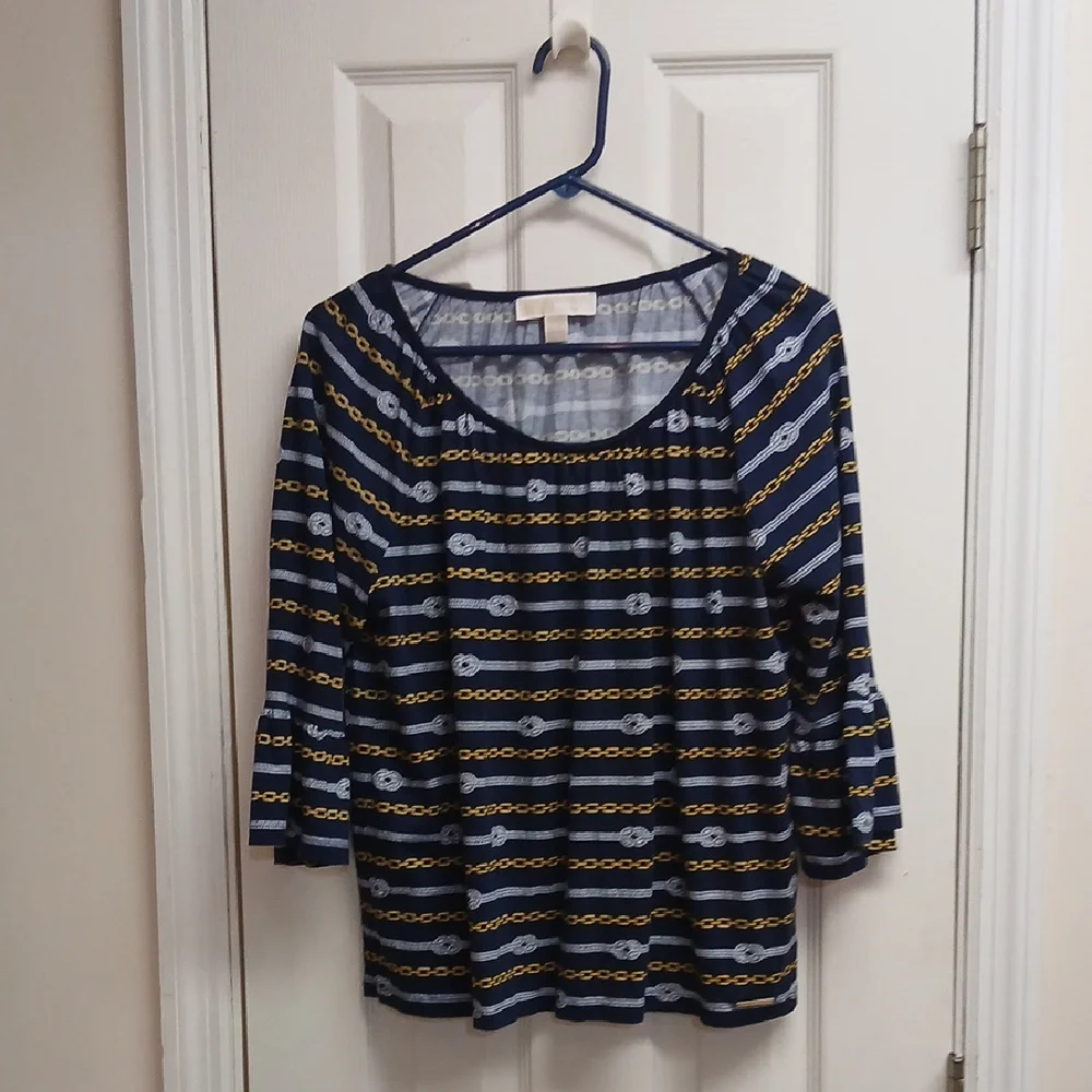 Michael Kors Nautical Navy Gold Chain Rope Bell Sleeve Peasant Top L - Picture 4 of 12